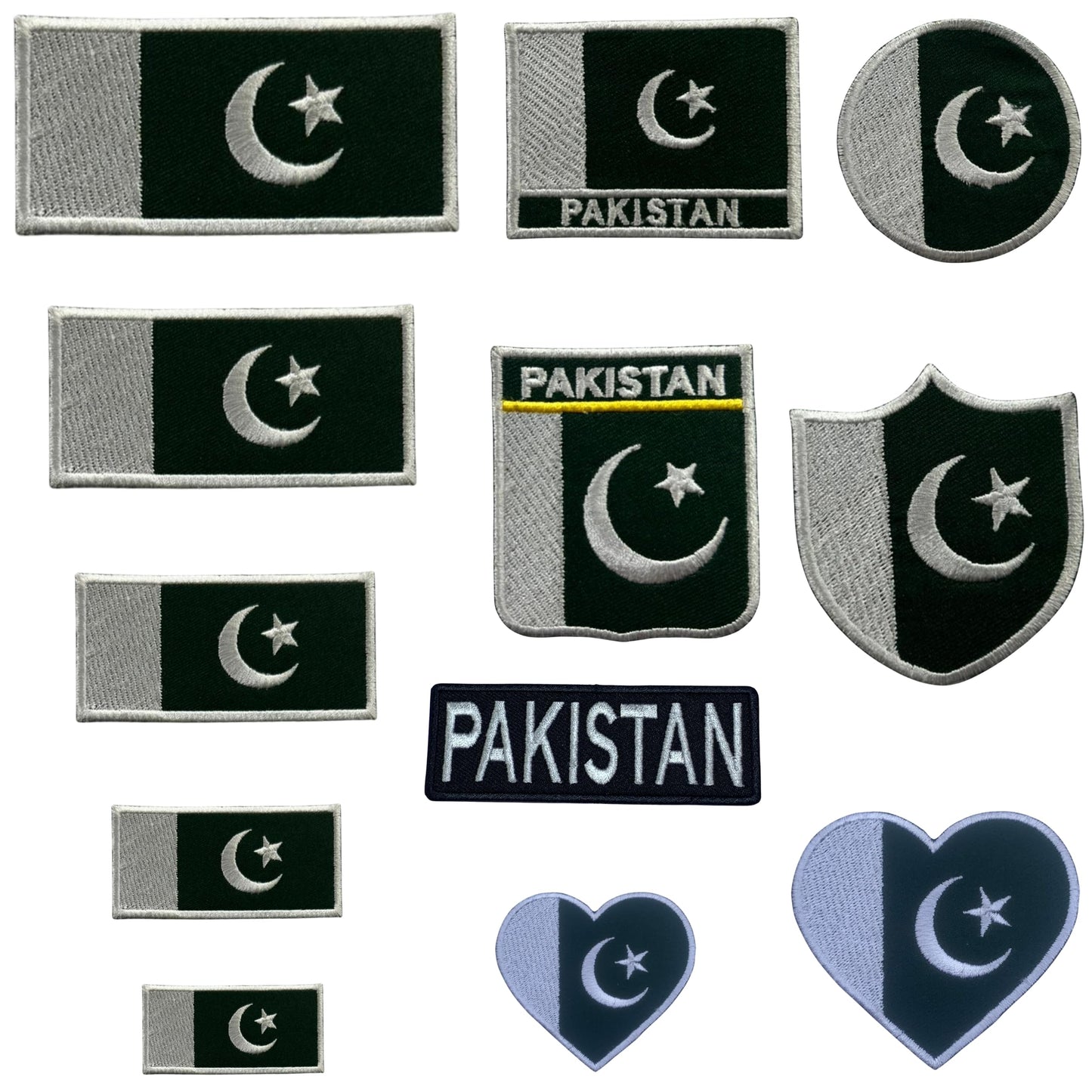 Pakistan Flag Embroidered Patch Set, Iron-On or Sew-On Applique Badges, Rectangle Shield Round Heart Shapes, for Jackets, Backpacks, Hats, Uniforms and Various Sizes