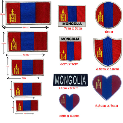 Mongolia Flag Embroidered Patch Set, Iron-On or Sew-On Applique Badges, Rectangle Shield Round Heart Shapes, for Jackets, Backpacks, Hats, Uniforms and Various Sizes