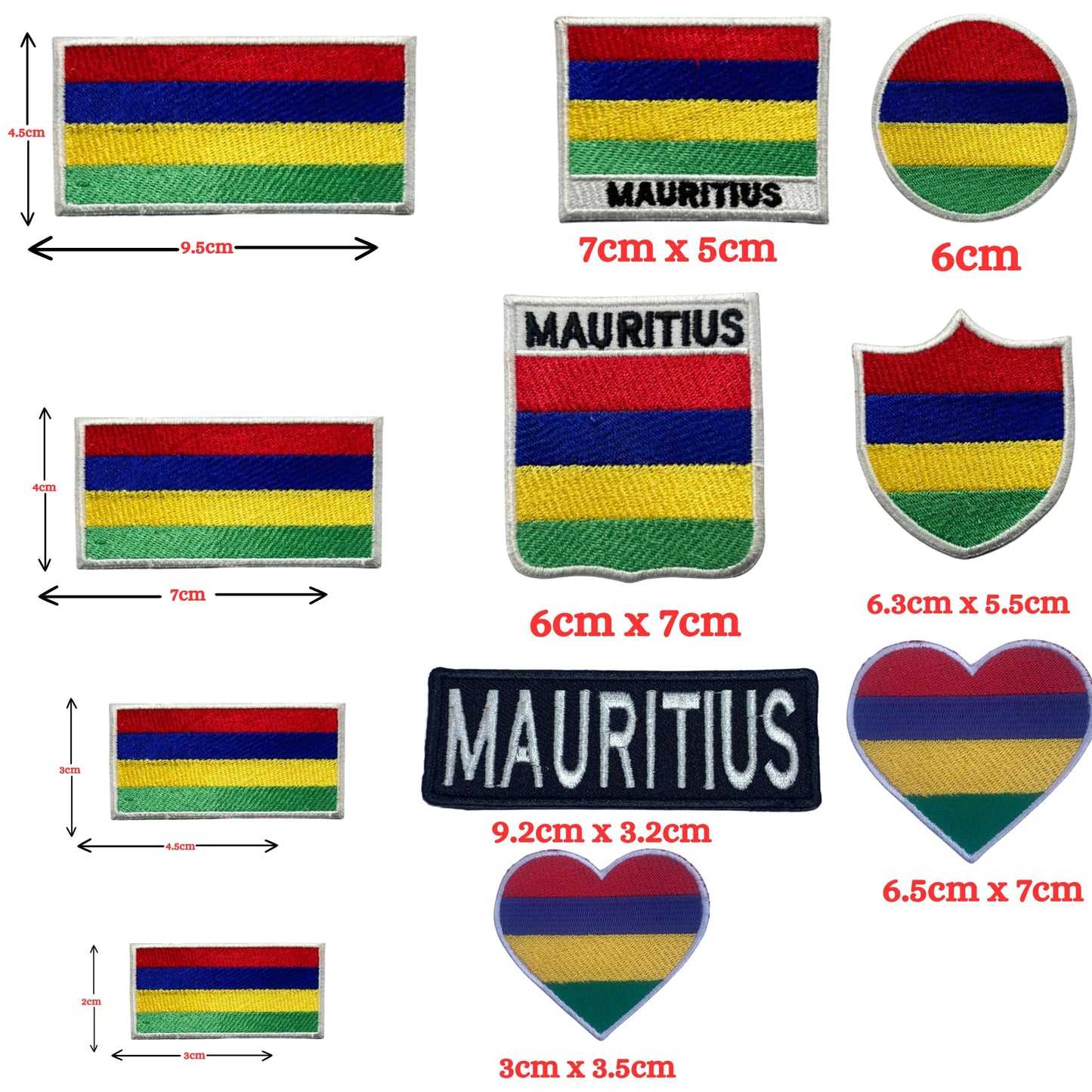 Mauritius Flag Embroidered Patch Set, Iron-On or Sew-On Applique Badges, Rectangle Shield Round Heart Shapes, for Jackets, Backpacks, Hats, Uniforms and Various Sizes