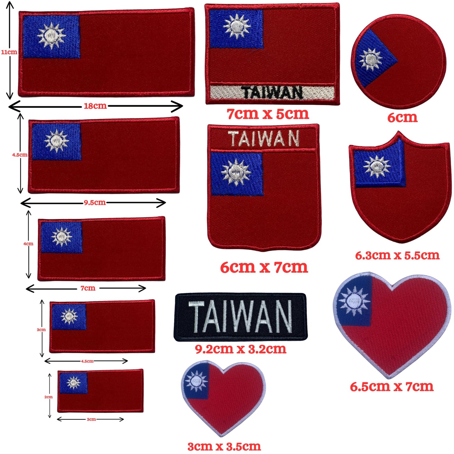Taiwan Flag Embroidered Patch Set, Iron-On or Sew-On Applique Badges, Rectangle Shield Round Heart Shapes, for Jackets, Backpacks, Hats, Uniforms and Various Sizes
