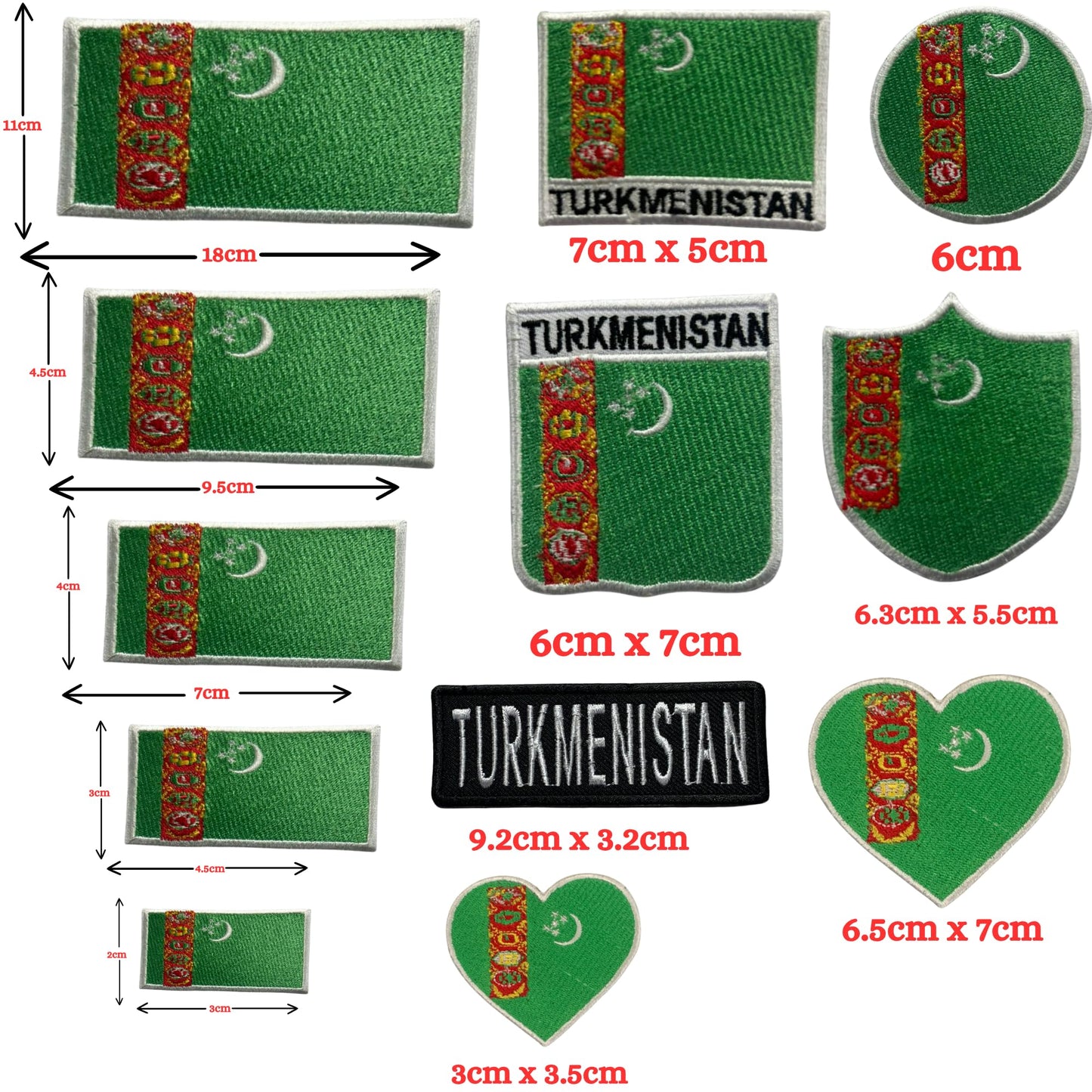 Turkmenistan Flag Embroidered Patch Set, Iron-On or Sew-On Applique Badges, Rectangle Shield Round Heart Shapes, for Jackets, Backpacks, Hats, Uniforms and Various Sizes