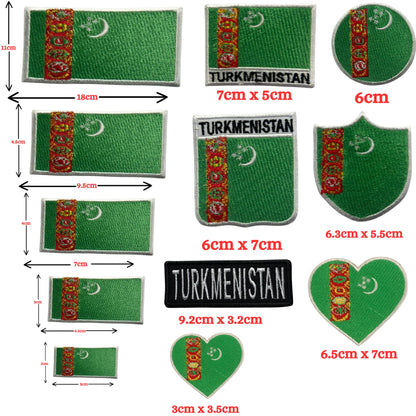 Turkmenistan Flag Embroidered Patch Set, Iron-On or Sew-On Applique Badges, Rectangle Shield Round Heart Shapes, for Jackets, Backpacks, Hats, Uniforms and Various Sizes