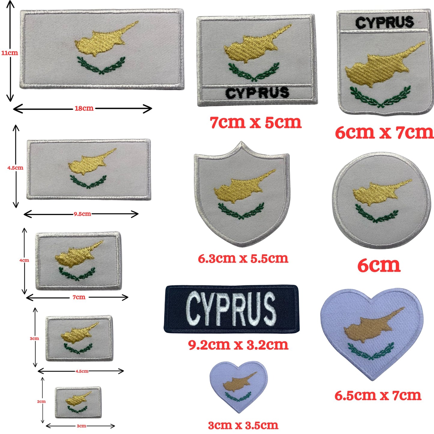 Cyprus Flag Embroidered Patch Set, Iron-On or Sew-On Applique Badges, Rectangle Shield Round Heart Shapes, for Jackets, Backpacks, Hats, Uniforms and Various Sizes