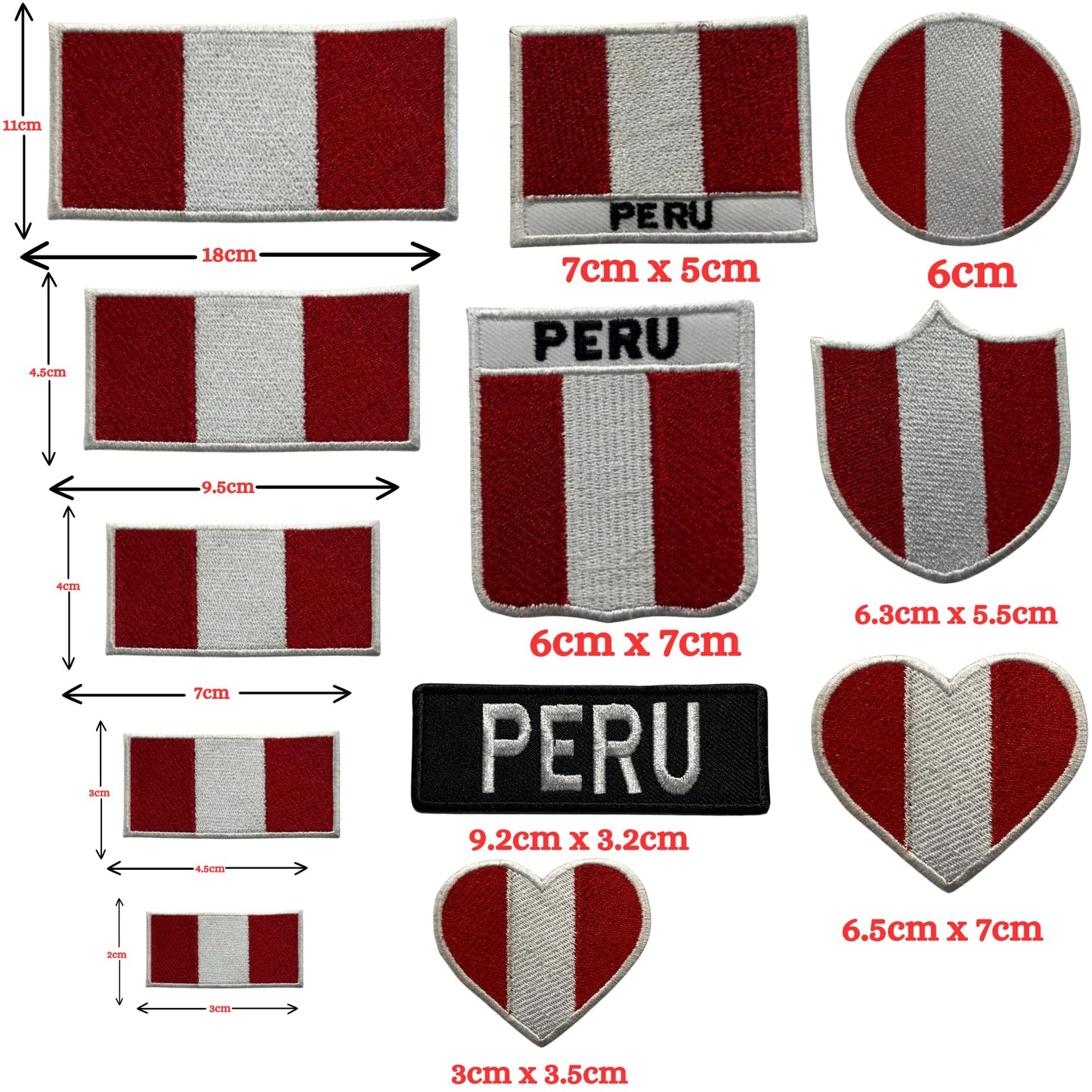 Peru Flag Embroidered Patch Set, Iron-On or Sew-On Applique Badges, Rectangle Shield Round Heart Shapes, for Jackets, Backpacks, Hats, Uniforms and Various Sizes