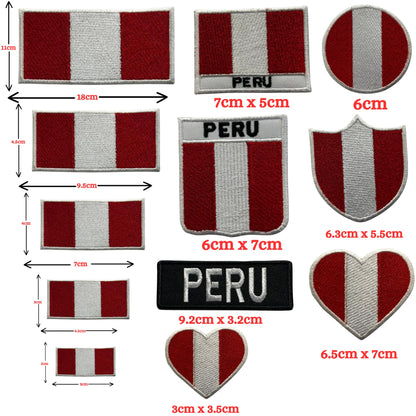 Peru Flag Embroidered Patch Set, Iron-On or Sew-On Applique Badges, Rectangle Shield Round Heart Shapes, for Jackets, Backpacks, Hats, Uniforms and Various Sizes