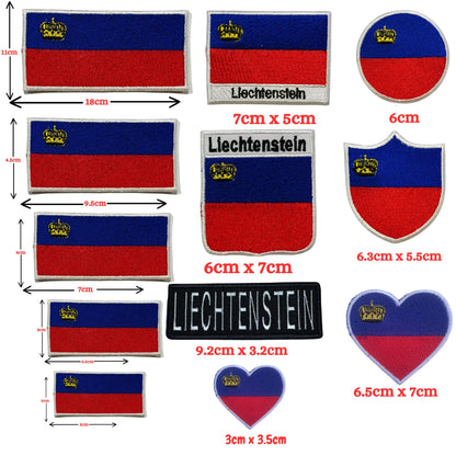 Liechtenstein Flag Embroidered Patch Set, Iron-On or Sew-On Applique Badges, Rectangle Shield Round Heart Shapes, for Jackets, Backpacks, Hats, Uniforms and Various Sizes
