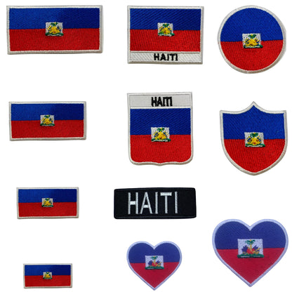 Haiti Flag Embroidered Patch Set, Iron-On or Sew-On Applique Badges, Rectangle Shield Round Heart Shapes, for Jackets, Backpacks, Hats, Uniforms and Various Sizes