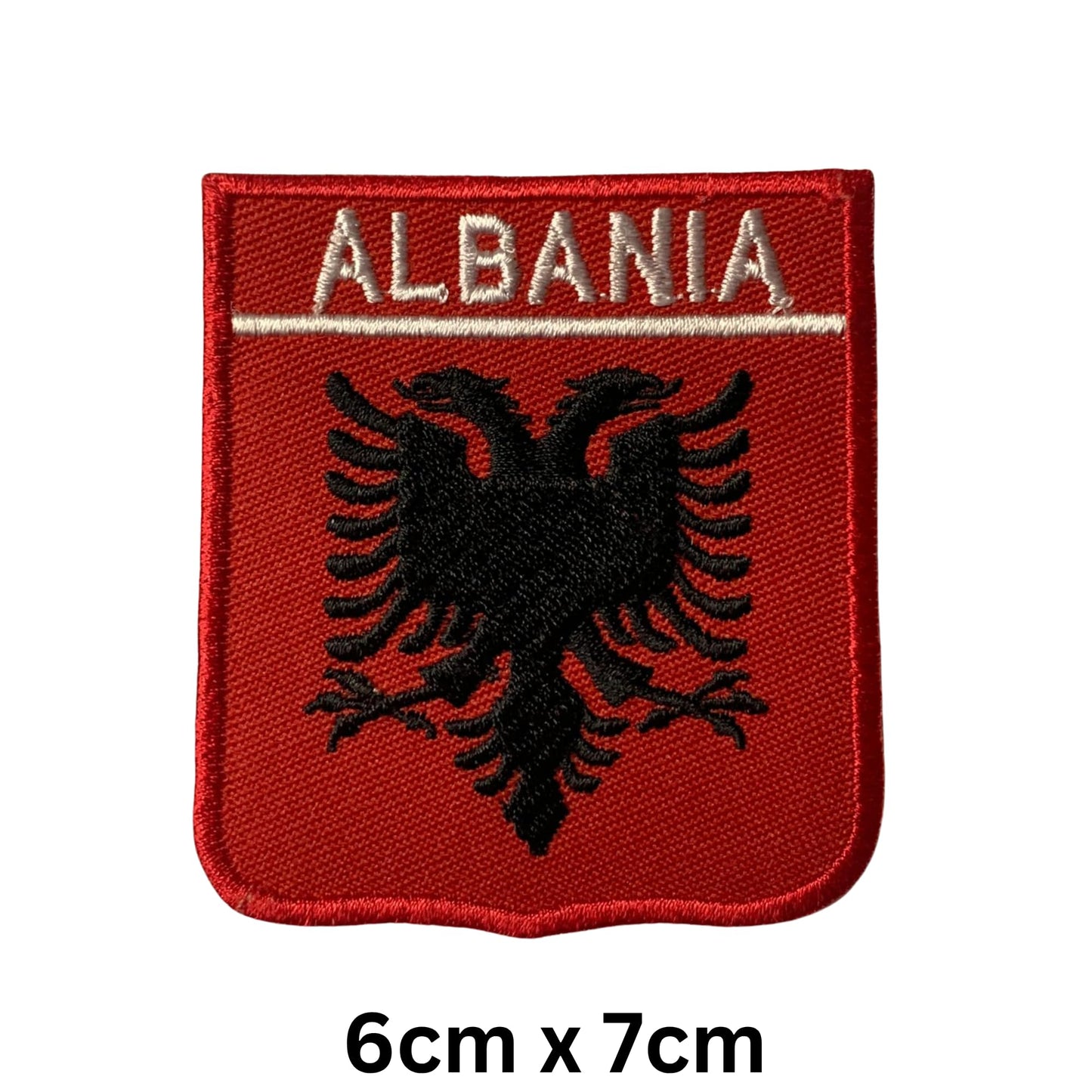 Albania Flag Embroidered Patch Set, Iron-On or Sew-On Applique Badges, Rectangle Shield Round Heart Shapes, for Jackets, Backpacks, Hats, Uniforms and Various Sizes