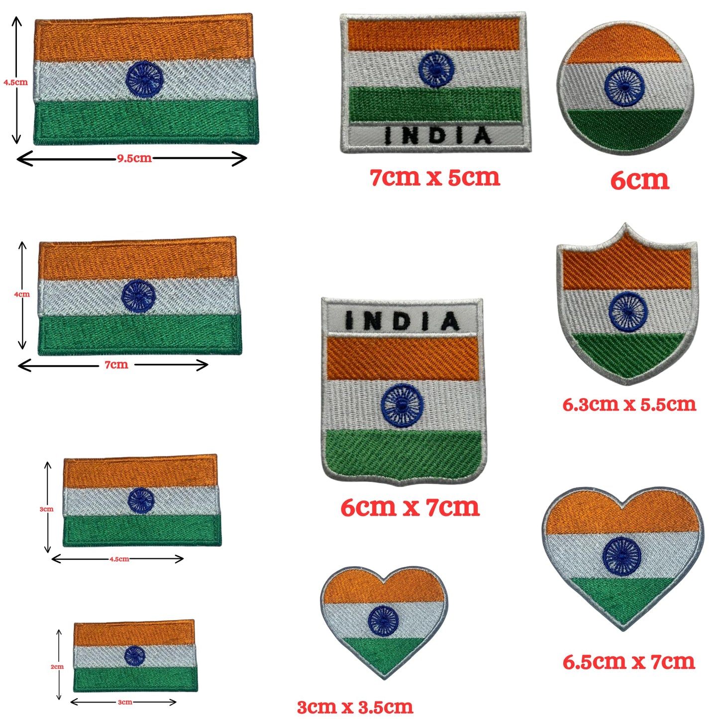 India Flag Embroidered Patch Set, Iron-On or Sew-On Applique Badges, Rectangle Shield Round Heart Shapes, for Jackets, Backpacks, Hats, Uniforms and Various Sizes