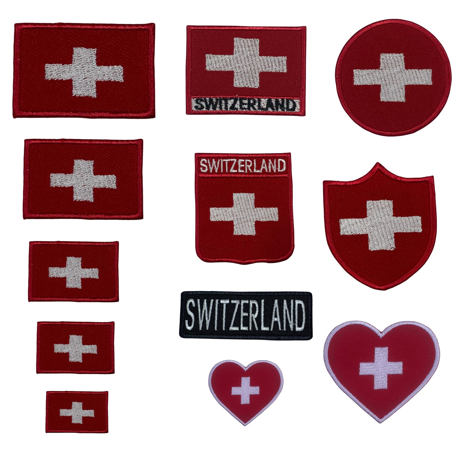 BeBuz Switzerland Flag Embroidered Patches, Iron-On/Sew-On Applique, Shield, Round, Heart and Rectangle Flag Badges for Jackets, Bags, Uniforms, Various Sizes