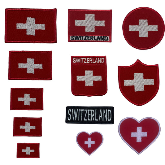 BeBuz Switzerland Flag Embroidered Patches, Iron-On/Sew-On Applique, Shield, Round, Heart and Rectangle Flag Badges for Jackets, Bags, Uniforms, Various Sizes
