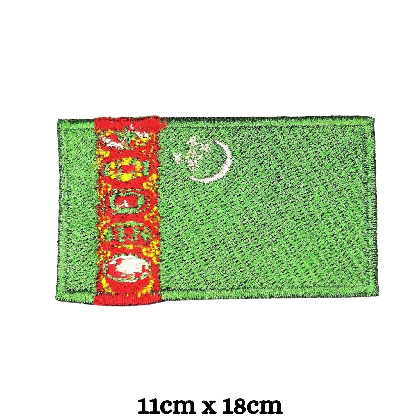 Turkmenistan Flag Embroidered Patch Set, Iron-On or Sew-On Applique Badges, Rectangle Shield Round Heart Shapes, for Jackets, Backpacks, Hats, Uniforms and Various Sizes