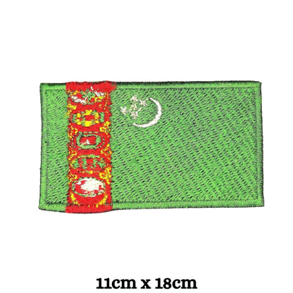 Turkmenistan Flag Embroidered Patch Set, Iron-On or Sew-On Applique Badges, Rectangle Shield Round Heart Shapes, for Jackets, Backpacks, Hats, Uniforms and Various Sizes