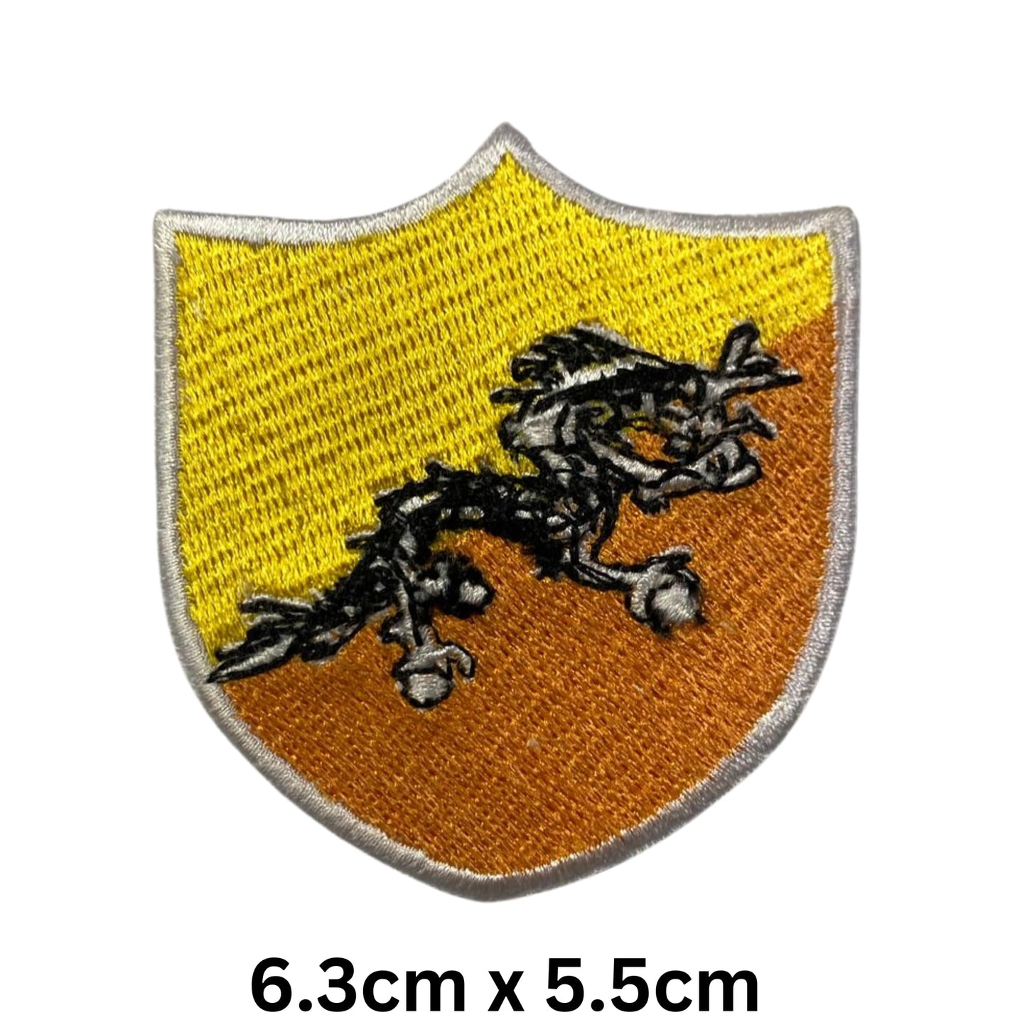 BeBuz Bhutan Flag Embroidered Patches, Iron-On/Sew-On Applique, Shield, Round, Heart and Rectangle Flag Badges for Jackets, Bags, Uniforms, Various Sizes