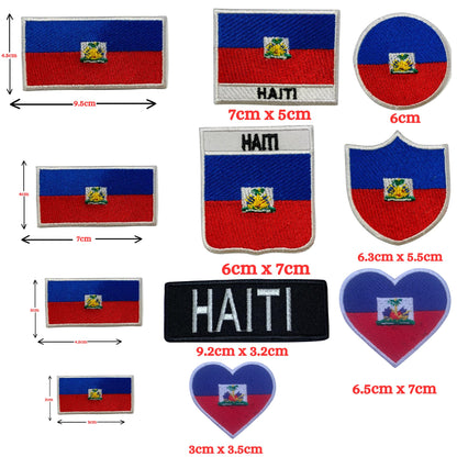 Haiti Flag Embroidered Patch Set, Iron-On or Sew-On Applique Badges, Rectangle Shield Round Heart Shapes, for Jackets, Backpacks, Hats, Uniforms and Various Sizes