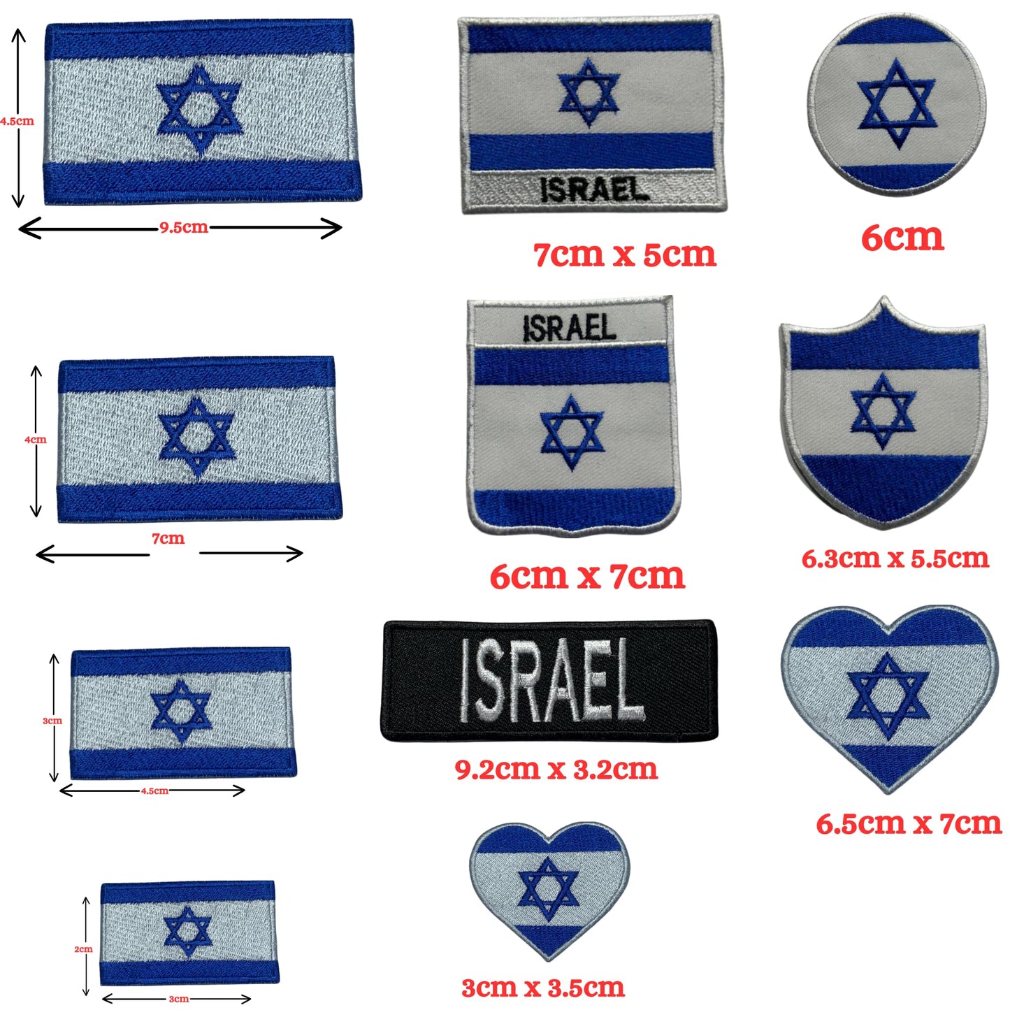 Israel Flag Embroidered Patch Set, Iron-On or Sew-On Applique Badges, Rectangle Shield Round Heart Shapes, for Jackets, Backpacks, Hats, Uniforms and Various Sizes