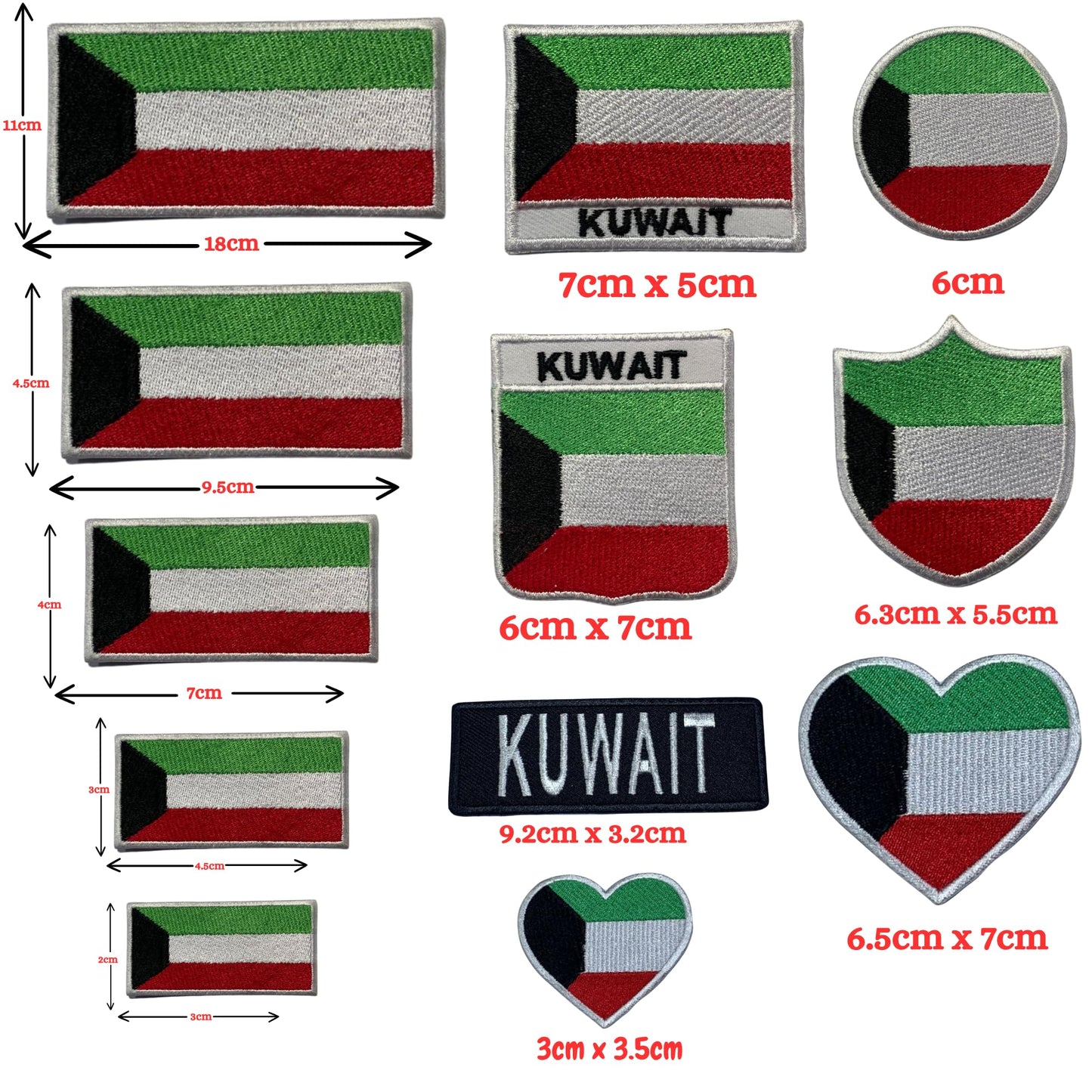 Kuwait Flag Embroidered Patch Set, Iron-On or Sew-On Applique Badges, Rectangle Shield Round Heart Shapes, for Jackets, Backpacks, Hats, Uniforms and Various Sizes
