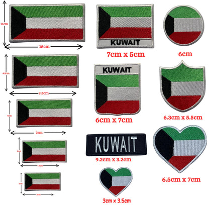 Kuwait Flag Embroidered Patch Set, Iron-On or Sew-On Applique Badges, Rectangle Shield Round Heart Shapes, for Jackets, Backpacks, Hats, Uniforms and Various Sizes