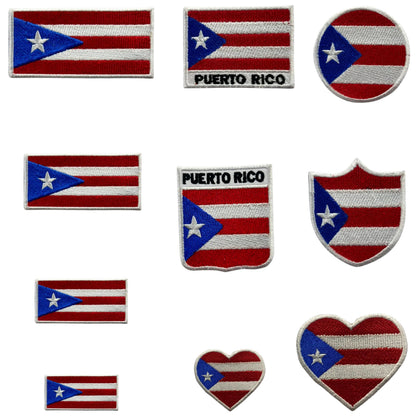 Puerto Rico Flag Embroidered Patch Set, Iron-On or Sew-On Applique Badges, Rectangle Shield Round Heart Shapes, for Jackets, Backpacks, Hats, Uniforms and Various Sizes