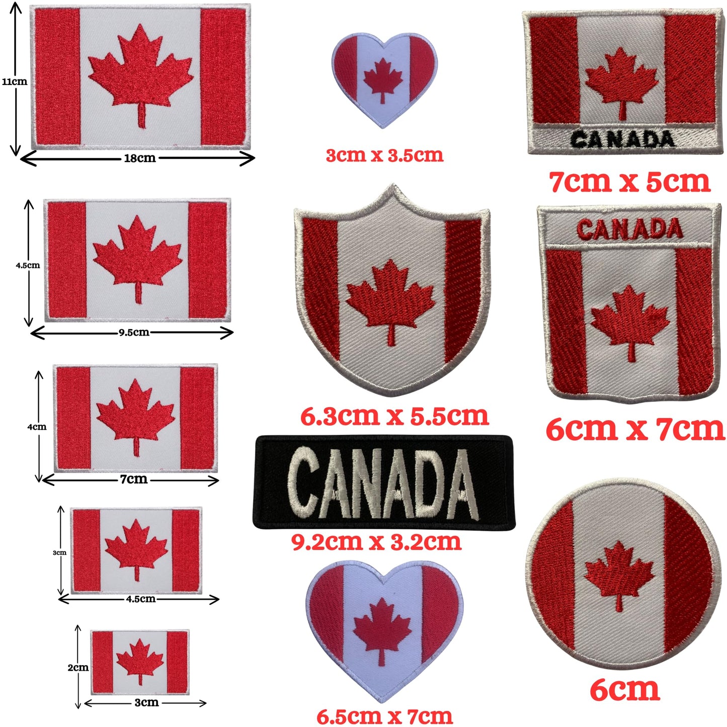 Canada Flag Embroidered Patches, Iron-On/Sew-On Applique, Shield, Round, Heart and Rectangle Flag Badges for Jackets, Bags, Uniforms, Various Sizes