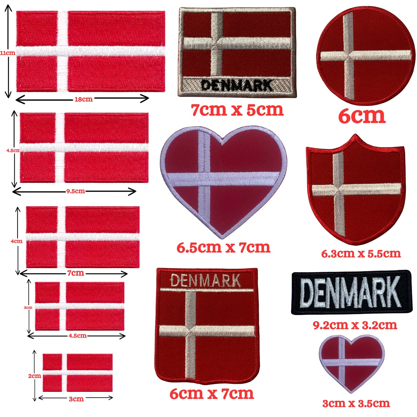 BeBuz Denmark Flag Embroidered Patches, Iron-On/Sew-On Applique, Shield, Round, Heart and Rectangle Flag Badges for Jackets, Bags, Uniforms, Various Sizes