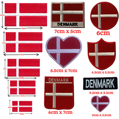 BeBuz Denmark Flag Embroidered Patches, Iron-On/Sew-On Applique, Shield, Round, Heart and Rectangle Flag Badges for Jackets, Bags, Uniforms, Various Sizes