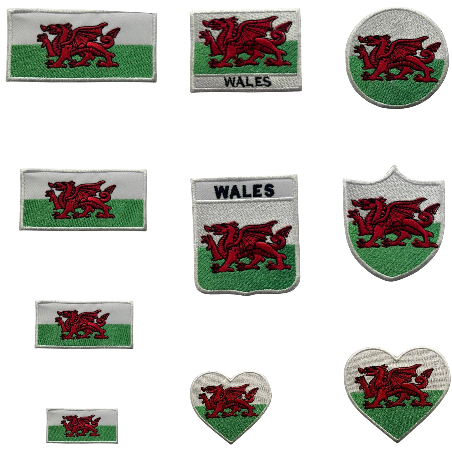 Wales Flag Embroidered Patch Set, Iron-On or Sew-On Applique Badges, Rectangle Shield Round Heart Shapes, for Jackets, Backpacks, Hats, Uniforms and Various Sizes