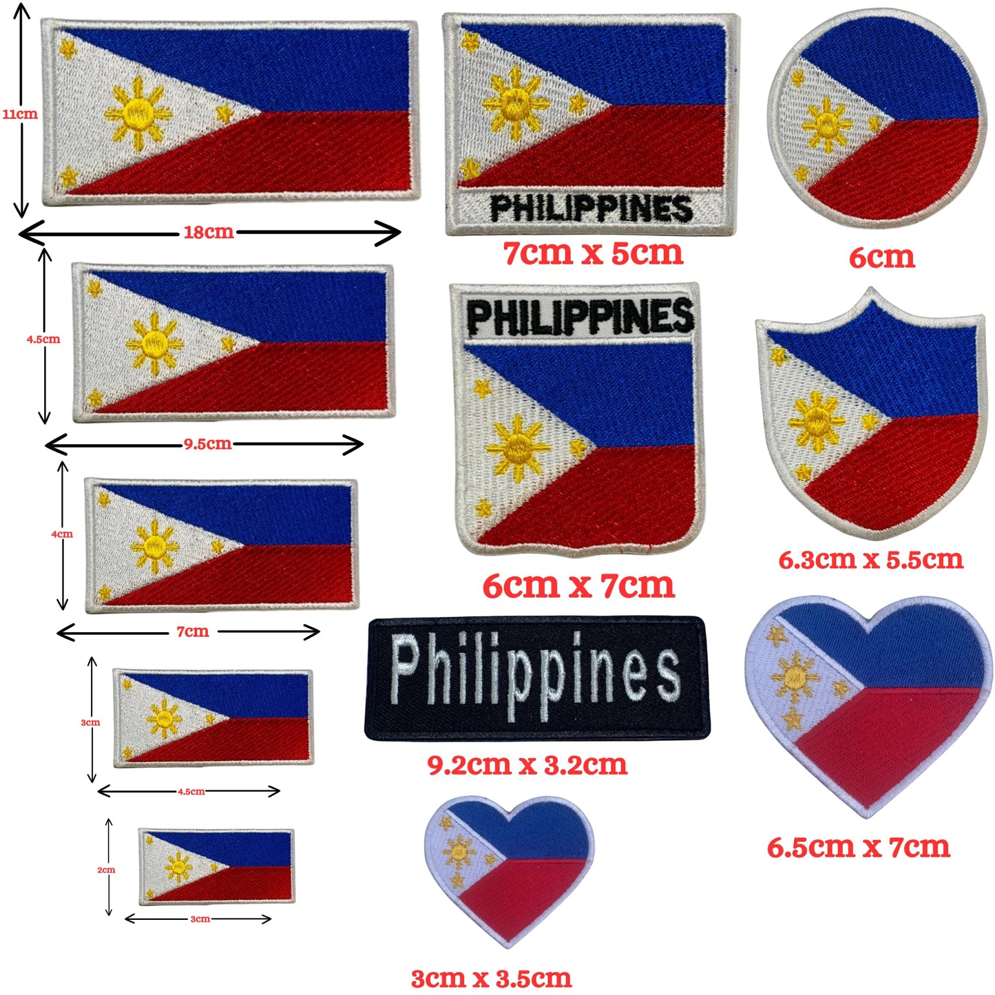 Philippines Flag Embroidered Patch Set, Iron-On or Sew-On Applique Badges, Rectangle Shield Round Heart Shapes, for Jackets, Backpacks, Hats, Uniforms and Various Sizes