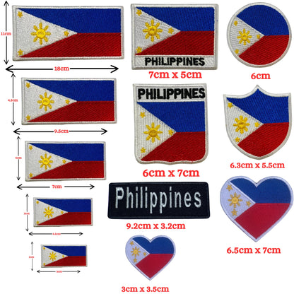 Philippines Flag Embroidered Patch Set, Iron-On or Sew-On Applique Badges, Rectangle Shield Round Heart Shapes, for Jackets, Backpacks, Hats, Uniforms and Various Sizes
