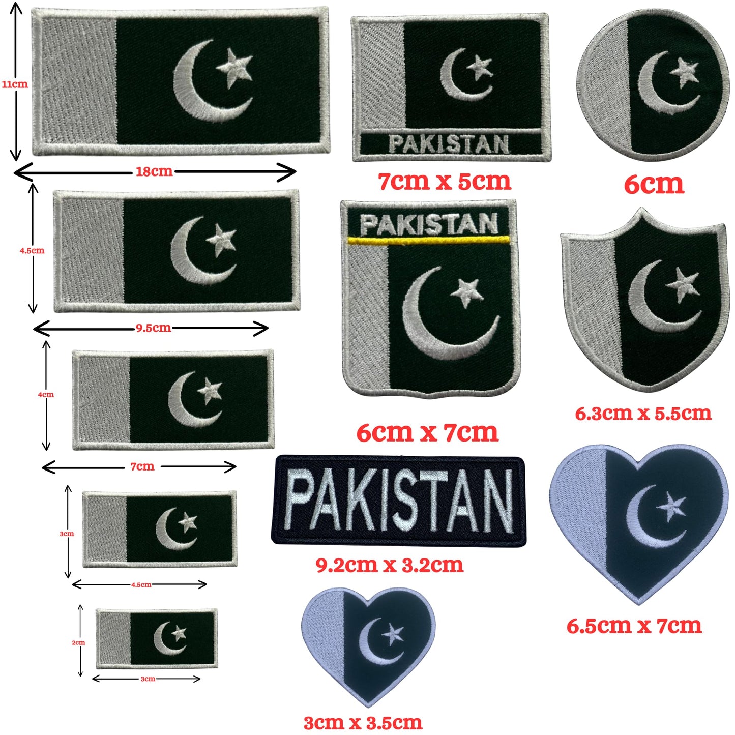 Pakistan Flag Embroidered Patch Set, Iron-On or Sew-On Applique Badges, Rectangle Shield Round Heart Shapes, for Jackets, Backpacks, Hats, Uniforms and Various Sizes