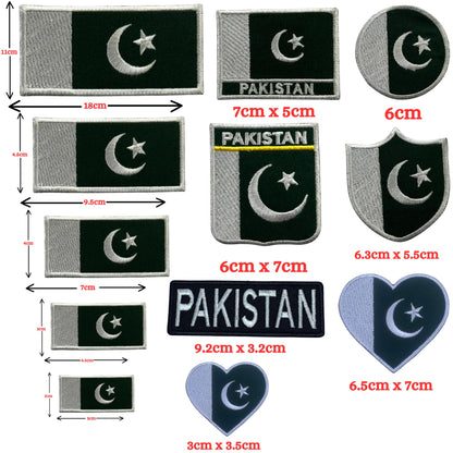 Pakistan Flag Embroidered Patch Set, Iron-On or Sew-On Applique Badges, Rectangle Shield Round Heart Shapes, for Jackets, Backpacks, Hats, Uniforms and Various Sizes