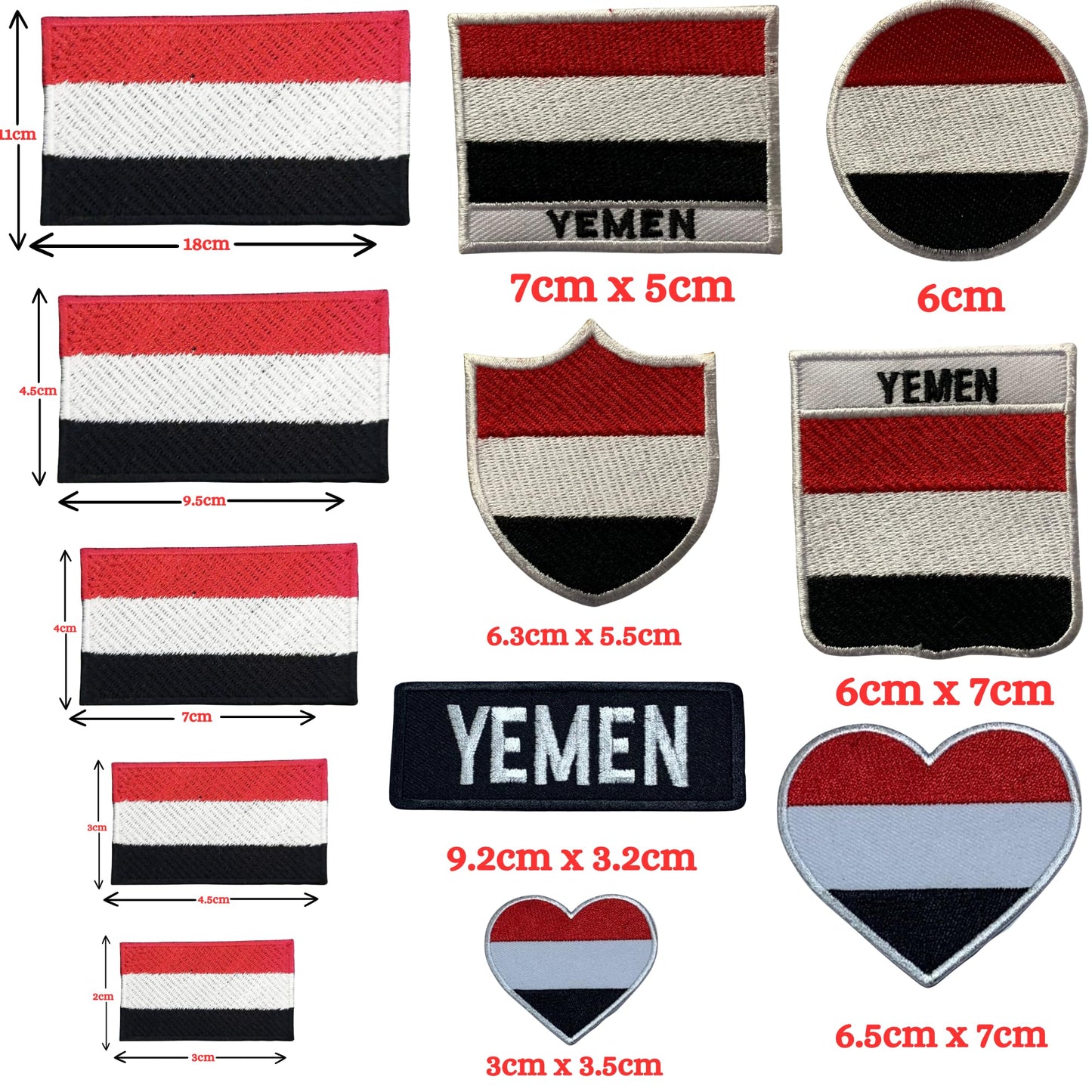Yemen Flag Embroidered Patch Set, Iron-On or Sew-On Applique Badges, Rectangle Shield Round Heart Shapes, for Jackets, Backpacks, Hats, Uniforms and Various Sizes