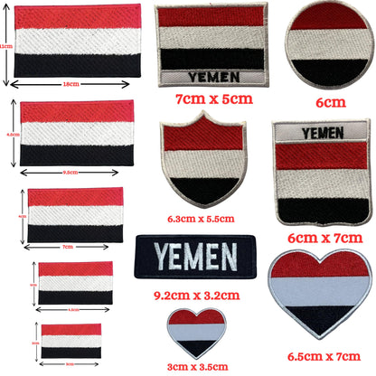 Yemen Flag Embroidered Patch Set, Iron-On or Sew-On Applique Badges, Rectangle Shield Round Heart Shapes, for Jackets, Backpacks, Hats, Uniforms and Various Sizes