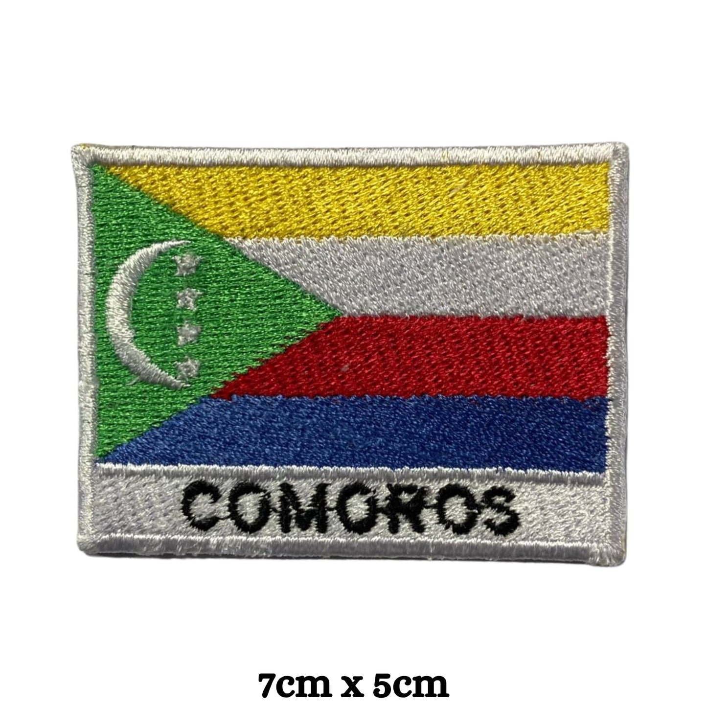 Comoros Flag Embroidered Patch Set, Iron-On or Sew-On Applique Badges, Rectangle Shield Round Heart Shapes, for Jackets, Backpacks, Hats, Uniforms and Various Sizes