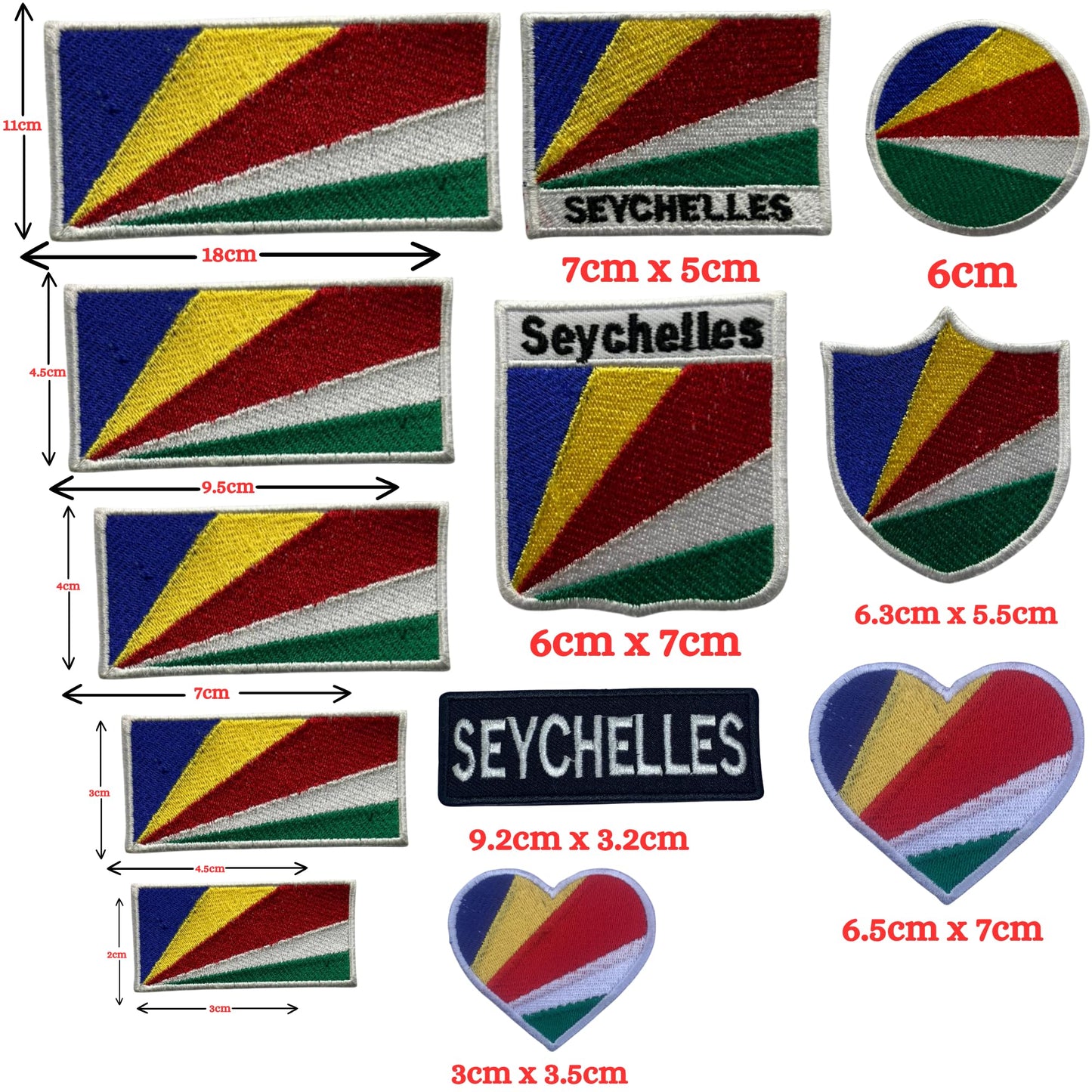 Seychelles Flag Embroidered Patch Set, Iron-On or Sew-On Applique Badges, Rectangle Shield Round Heart Shapes, for Jackets, Backpacks, Hats, Uniforms and Various Sizes