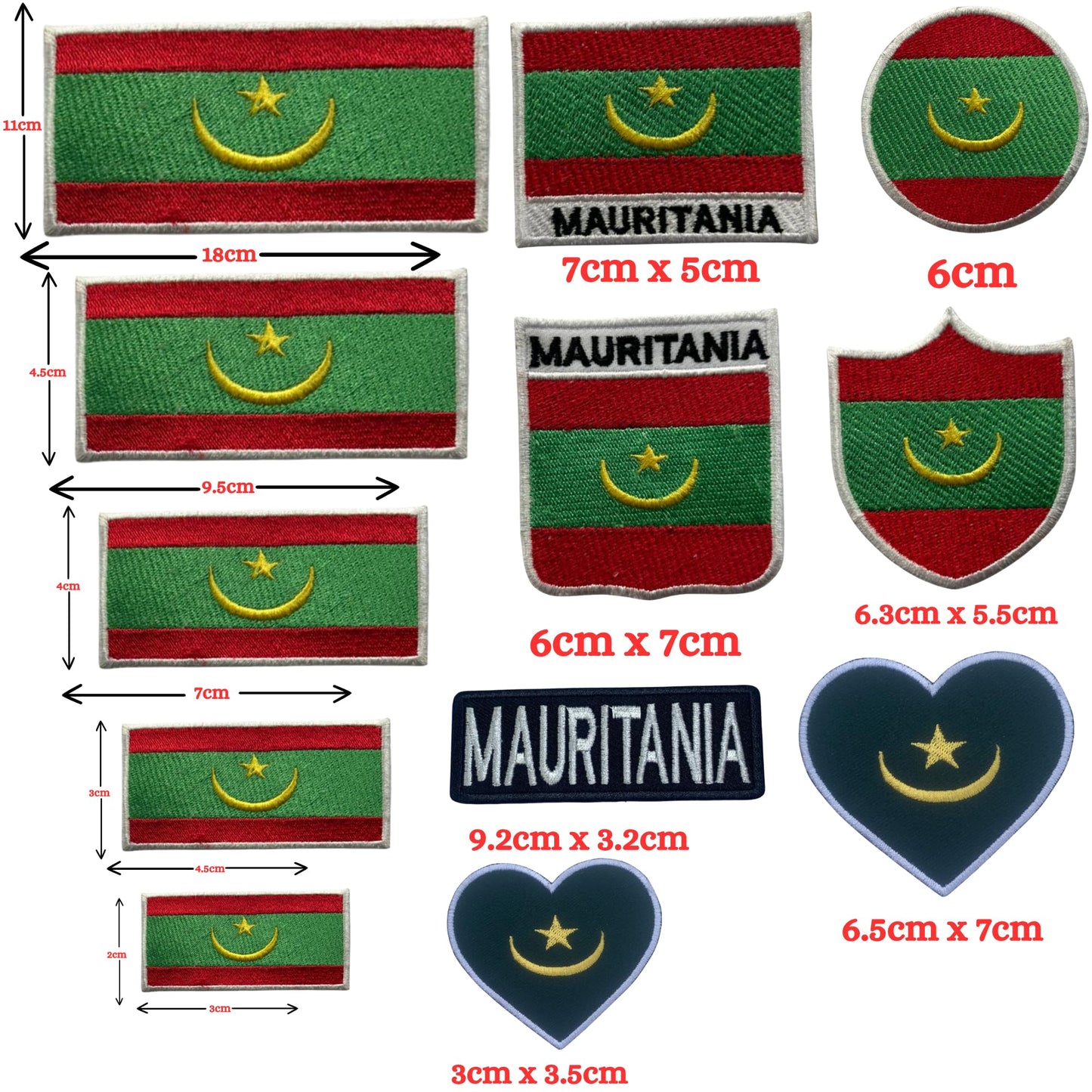 Mauritania Flag Embroidered Patch Set, Iron-On or Sew-On Applique Badges, Rectangle Shield Round Heart Shapes, for Jackets, Backpacks, Hats, Uniforms and Various Sizes