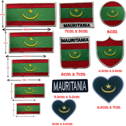 Mauritania Flag Embroidered Patch Set, Iron-On or Sew-On Applique Badges, Rectangle Shield Round Heart Shapes, for Jackets, Backpacks, Hats, Uniforms and Various Sizes