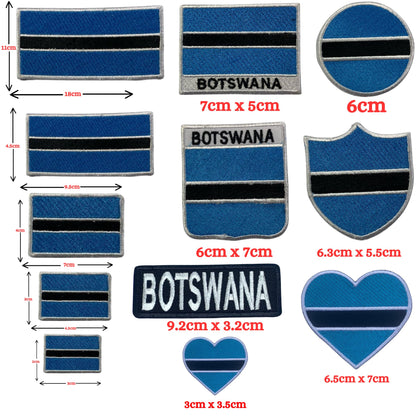 Botswana Flag Embroidered Patch Set, Iron-On or Sew-On Applique Badges, Rectangle Shield Round Heart Shapes, National Flag Emblem for Jackets, Backpacks, Hats, Uniforms and Various Sizes