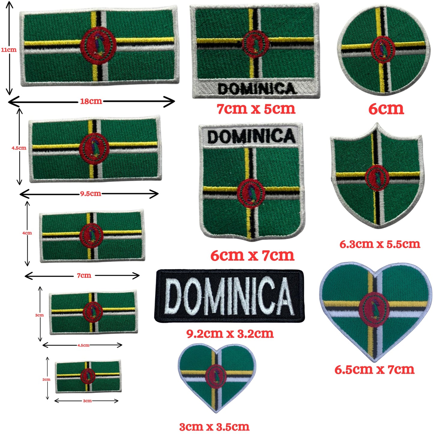 Dominica Flag Embroidered Patch Set, Iron-On or Sew-On Applique Badges, Rectangle Shield Round Heart Shapes, for Jackets, Backpacks, Hats, Uniforms and Various Sizes