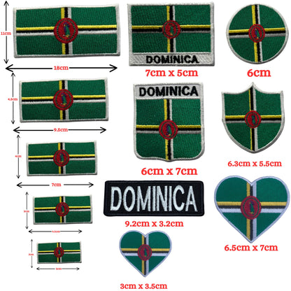 Dominica Flag Embroidered Patch Set, Iron-On or Sew-On Applique Badges, Rectangle Shield Round Heart Shapes, for Jackets, Backpacks, Hats, Uniforms and Various Sizes
