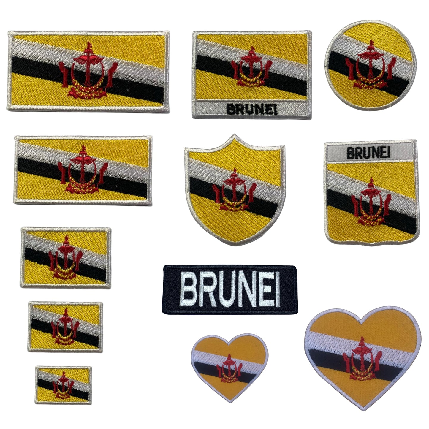BeBuz Brunei Flag Embroidered Patch Set, Iron-On or Sew-On Applique Badges, Rectangle Shield Round Heart Shapes, National Flag Emblem for Jackets, Backpacks, Hats, Uniforms and Various Sizes