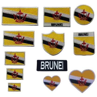 BeBuz Brunei Flag Embroidered Patch Set, Iron-On or Sew-On Applique Badges, Rectangle Shield Round Heart Shapes, National Flag Emblem for Jackets, Backpacks, Hats, Uniforms and Various Sizes