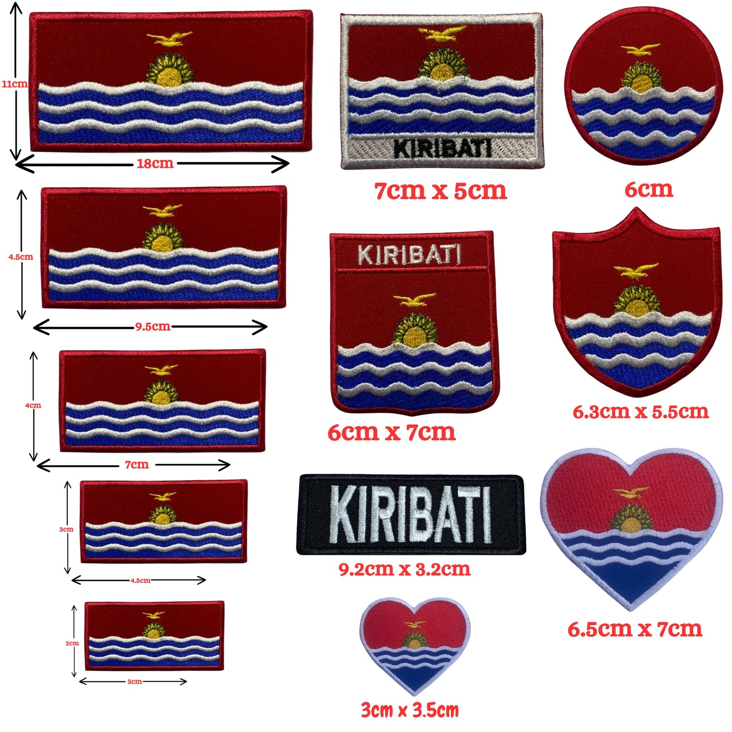 Kiribati Flag Embroidered Patch Set, Iron-On or Sew-On Applique Badges, Rectangle Shield Round Heart Shapes, for Jackets, Backpacks, Hats, Uniforms and Various Sizes