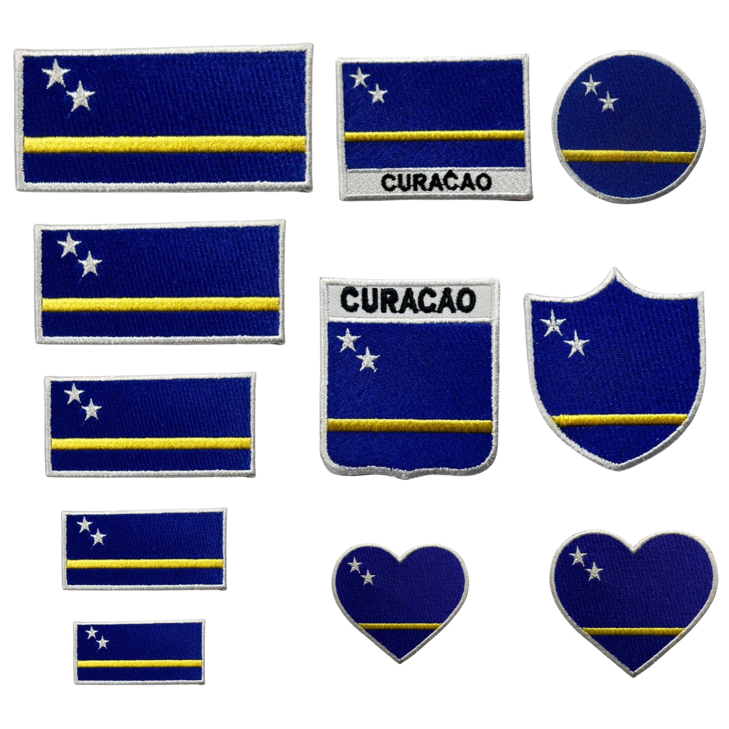 Curacao Flag Embroidered Patches, Iron-On/Sew-On Applique, Shield, Round, Heart and Rectangle Flag Badges for Jackets, Bags, Uniforms, Various Sizes
