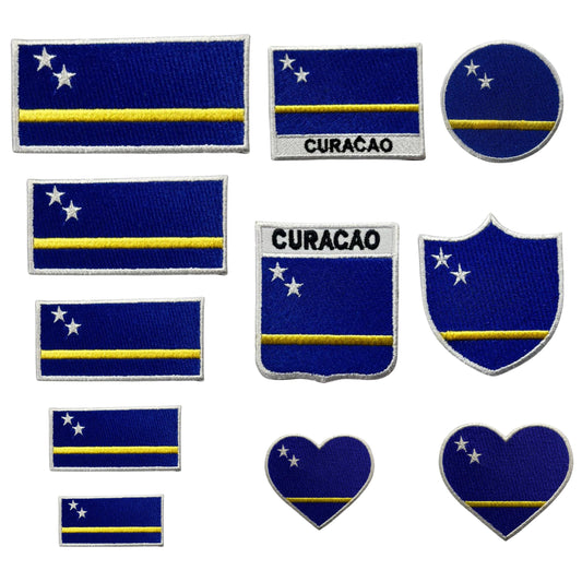 Curacao Flag Embroidered Patches, Iron-On/Sew-On Applique, Shield, Round, Heart and Rectangle Flag Badges for Jackets, Bags, Uniforms, Various Sizes
