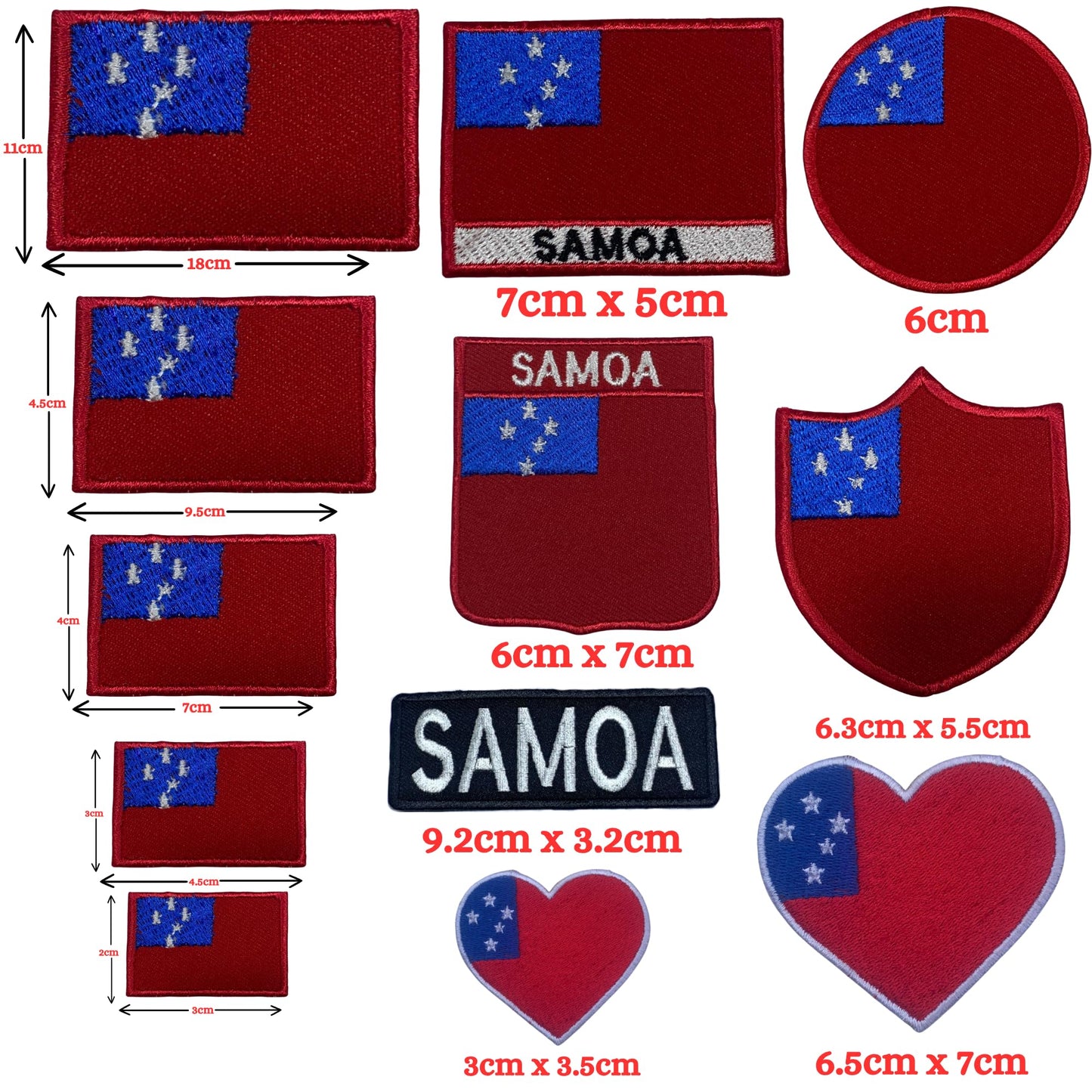 Samoa Flag Embroidered Patch Set, Iron-On or Sew-On Applique Badges, Rectangle Shield Round Heart Shapes, for Jackets, Backpacks, Hats, Uniforms and Various Sizes