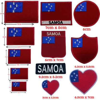 Samoa Flag Embroidered Patch Set, Iron-On or Sew-On Applique Badges, Rectangle Shield Round Heart Shapes, for Jackets, Backpacks, Hats, Uniforms and Various Sizes