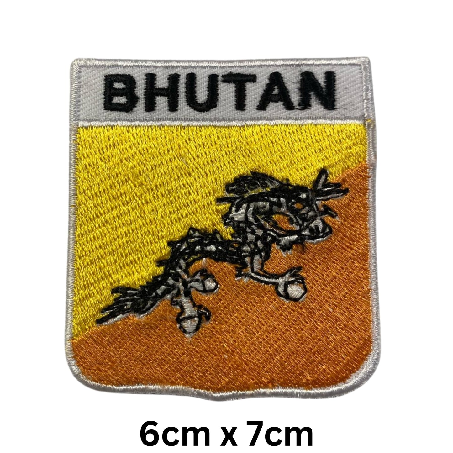 BeBuz Bhutan Flag Embroidered Patches, Iron-On/Sew-On Applique, Shield, Round, Heart and Rectangle Flag Badges for Jackets, Bags, Uniforms, Various Sizes