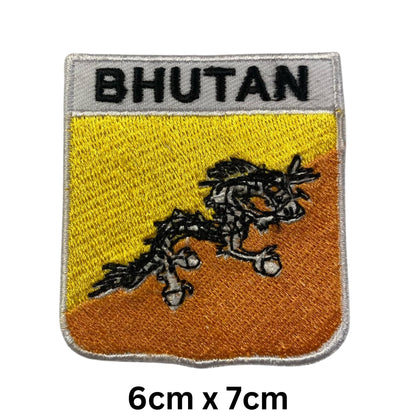 BeBuz Bhutan Flag Embroidered Patches, Iron-On/Sew-On Applique, Shield, Round, Heart and Rectangle Flag Badges for Jackets, Bags, Uniforms, Various Sizes