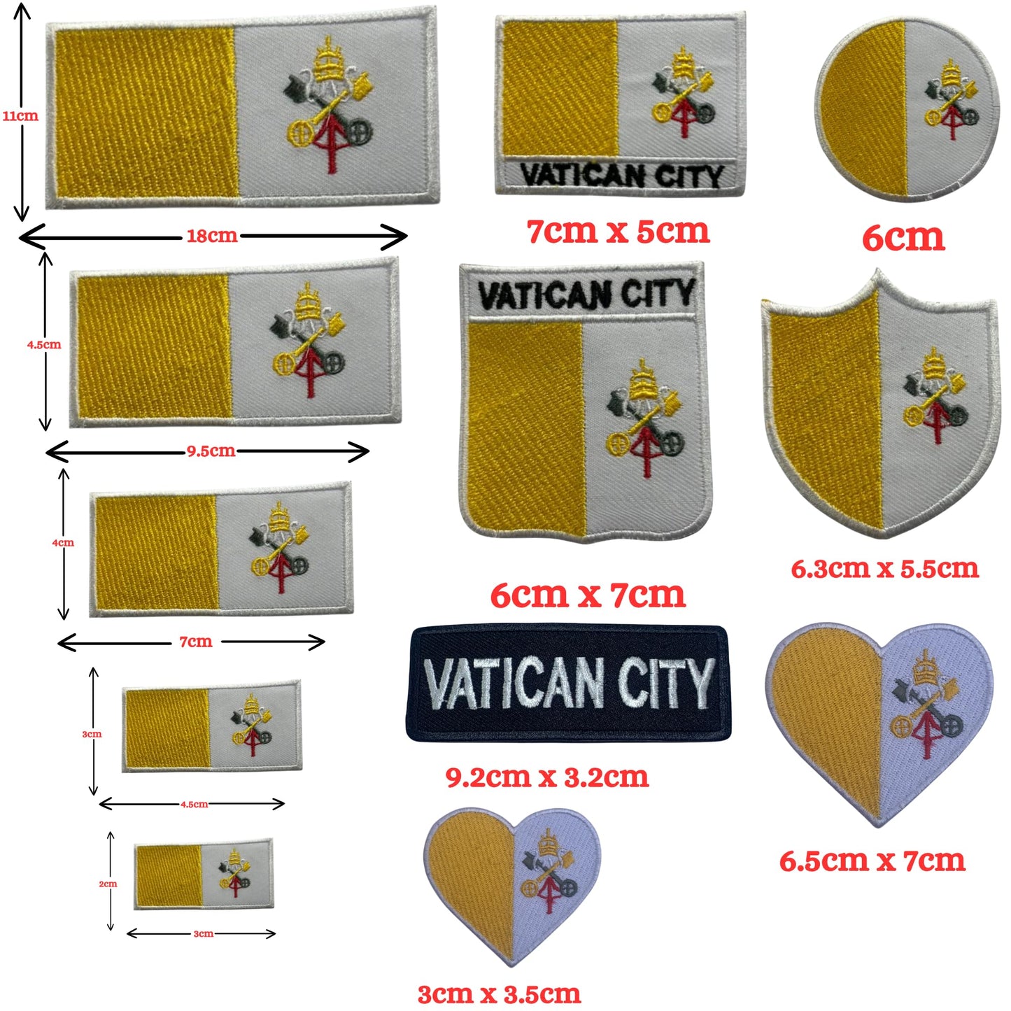 Vatican City Flag Embroidered Patch Set, Iron-On or Sew-On Applique Badges, Rectangle Shield Round Heart Shapes, for Jackets, Backpacks, Hats, Uniforms and Various Sizes